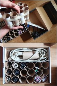 Toilet roll wire organization idea, how to organize cords diy, cable storage box system, storage for chargers and cables, Style Degree, Singapore, SG, StyleMag.