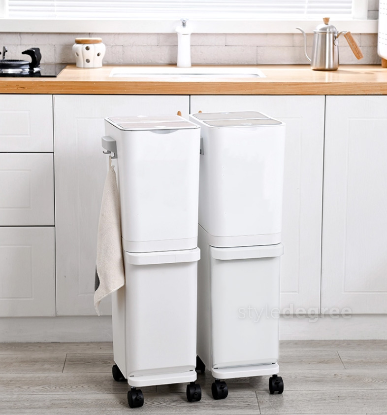 Triple Compartments Trash & Recycling Bin (With Wheels) Style Degree