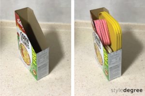 DIY organization hack, cereal box for storing container lids, organization diy, ways to organize food storage container lids, Style Degree, Singapore, SG, StyleMag.