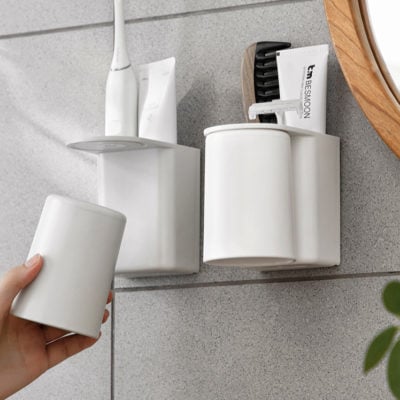 Basic Toothbrush Paste Holder (With Cup) Toilet Bathroom Wall Holder Magnetic Style Degree Sg Singapore