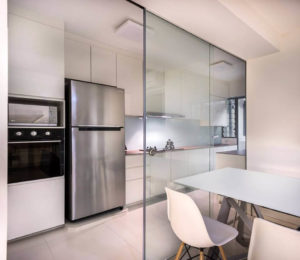 Semi-open concept kitchen with sliding doors, semi-open concept kitchen HDB, open kitchen with glass partition, Style Degree, Singapore, SG, StyleMag.