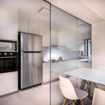 Semi-open concept kitchen with sliding doors, semi-open concept kitchen HDB, open kitchen with glass partition, Style Degree, Singapore, SG, StyleMag.