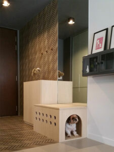 Entryway bench as doghouse, pet sleeping area, doghouse ideas, pet-friendly hdb interior design ideas, Style Degree, Singapore, SG, StyleMag.