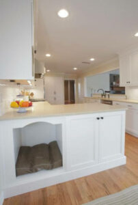 Kitchen cabinet with integrated dog seat, pet-friendly interior design, pet-friendly hdb homes, home ideas for pets, Style Degree, Singapore, SG, StyleMag.