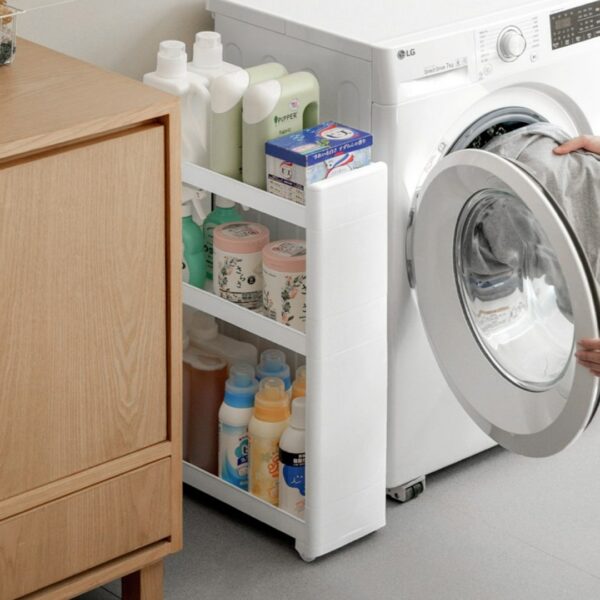 Make full use any tight spaces in your home with our Pull & Slide Slim Kitchen Rack! It has wheels on the bottom so you can effortlessly retrieve any items you need. Our slim storage rack also has 3 or 4 shelves with elevated walls to securely store anything from your condiments to bathroom and laundry supplies.