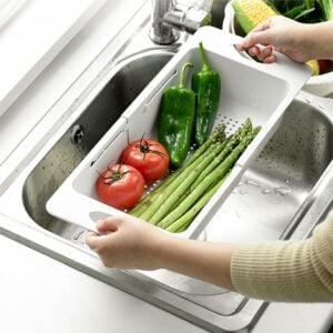 Extendable Over-the-sink Drying Rack (With Bin) Over the sink Drainer Rack Fruits Veggies Colander Drainer for Fruits and Veggies Washing Container Style Degree Sg Singapore