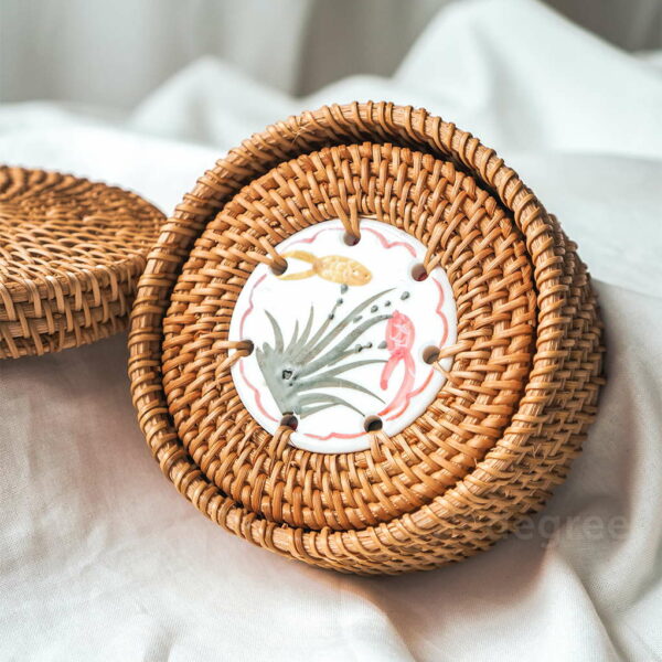 Rattanly Ceramic Coaster Set (6pc With Holder) Diningware Living Decor Handmade With Holder Brown Woven Mosaic Bohemian Coastal Traditional Exotic Style Degree Sg Singapore