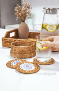 Rattanly Ceramic Coaster Set (6pc With Holder) Diningware Living Decor Handmade With Holder Brown Woven Mosaic Bohemian Coastal Traditional Exotic Style Degree Sg Singapore