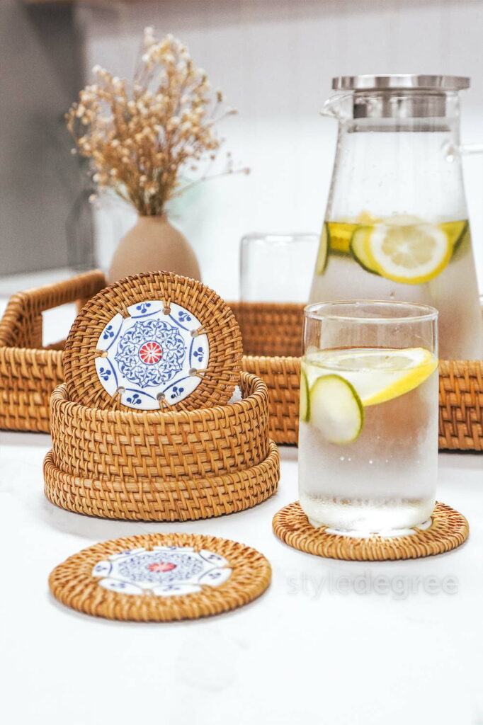 Rattanly Ceramic Coaster Set (6pc With Holder) Diningware Living Decor Handmade With Holder Brown Woven Mosaic Bohemian Coastal Traditional Exotic Style Degree Sg Singapore