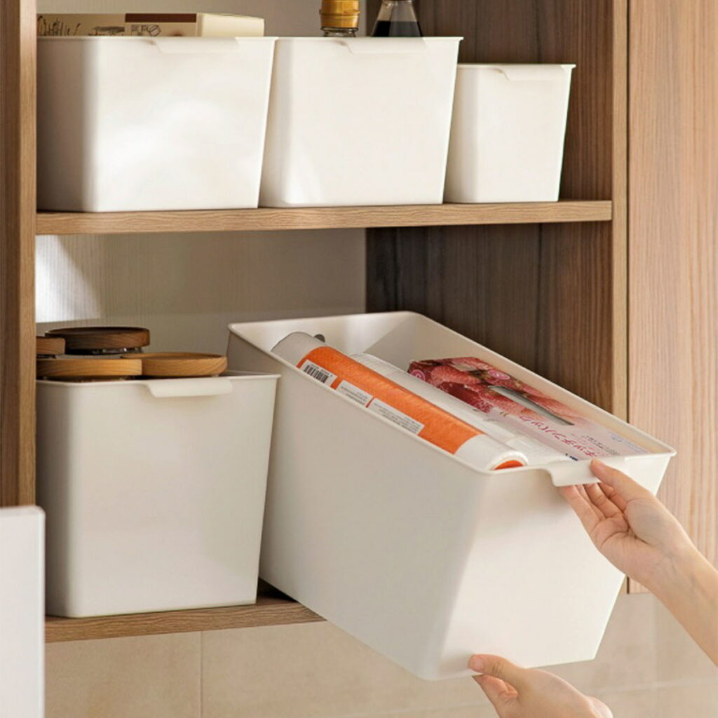Simple Storage Bin (With Handle) Kitchen Bathroom Essentials Plastic Shelves Baskets Snack Condiments Toiletries Organizer Packaged Foods Dried Goods Pantry Cabinet Style Degree Sg Singapore