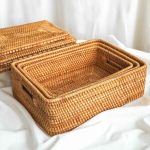 Rattanly Storage Basket (With Lid) Living Bathroom Kitchen Bedroom Versatile Large Box Set Of 3 Front Handle Decorative Bin Bohemian Coastal Exotic Traditional Modern Natural Country Rustic Rural Style Degree Sg Singapore