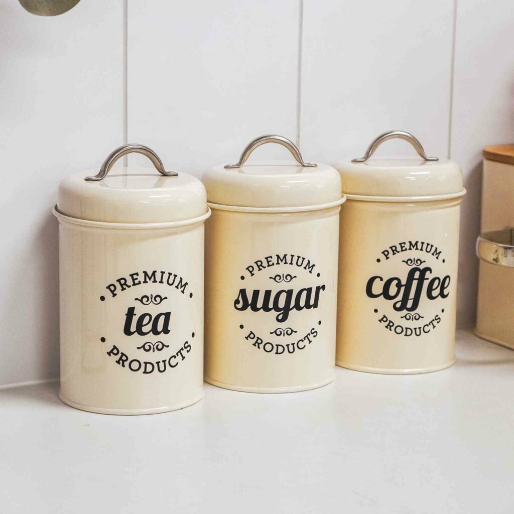 Retro Pantry Storage Containers (3pc Set) Metal Lid Handle Cylinder Kitchen Counter Cabinet Cupboard Shelves Organizers Essentials Coffee Tea Rustic Vintage Country Style Degree Sg Singapore