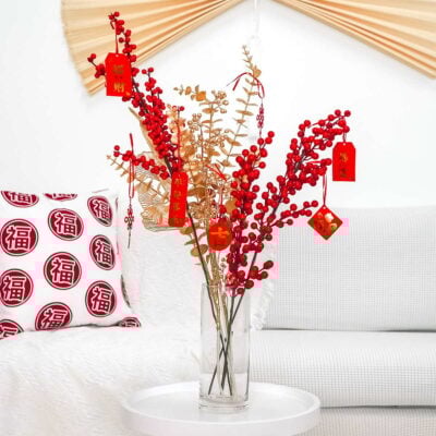 Customisable CNY Fortune Faux Plant Chinese New Year Decor Decoration Home Artificial Fortune Holly Berries Palm Leaf Entryway Living Room Decor Ornament Charm Style Degree Sg Singapore
