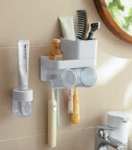 Rise & Shine Toothbrush Wall Holder (With Cups) Mounted Hanging Toiletries Organizer No Drill Waterproof Bathroom Accessories Style Degree Sg Singapore