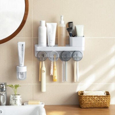 Rise & Shine Toothbrush Wall Holder (With Cups) Mounted Hanging Toiletries Organizer No Drill Waterproof Bathroom Accessories Style Degree Sg Singapore