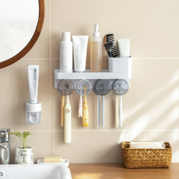 Rise & Shine Toothbrush Wall Holder (With Cups) Mounted Hanging Toiletries Organizer No Drill Waterproof Bathroom Accessories Style Degree Sg Singapore