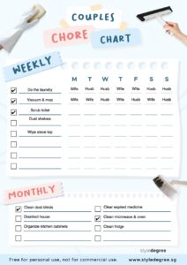 Couple Household Chores Chart Free Downloadable Free Printable, Chore Chart for Family, Singapore, SG, Style Degree