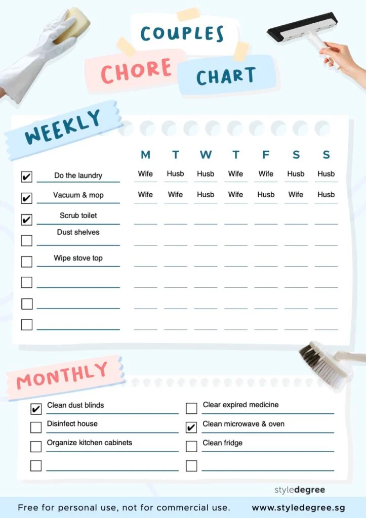 Couple Household Chores Chart Free Downloadable Free Printable, Chore Chart for Family, Singapore, SG, Style Degree