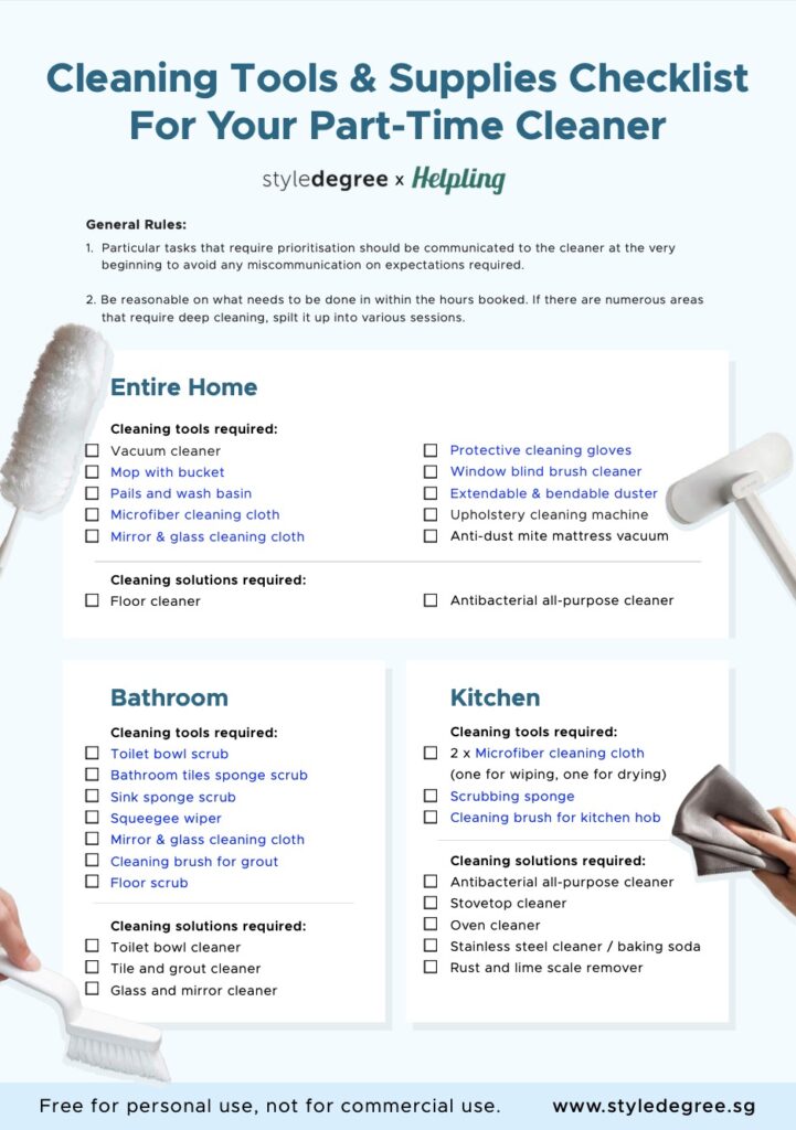 Cleaning Tools & Supplies Free Checklist For Part-time Cleaner, Cleaning Checklist For Helper, Style Degree, Singapore, SG