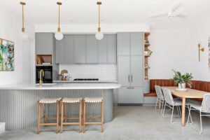 Rounded kitchen with fluted grey panels, Kitchen island with grey panels, Style Degree, Singapore, SG, StyleMag.