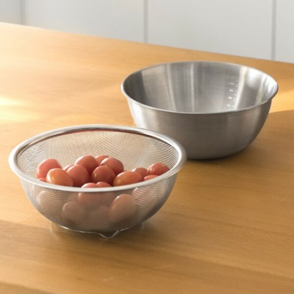 Nesting Stainless Steel Mixing Bowl & Strainer Set Stainless Steel Colander WIth Handle Food Strainer Nesting Mixing Bowl Measuring Bowl For Baking Style Degree Singapore Sg